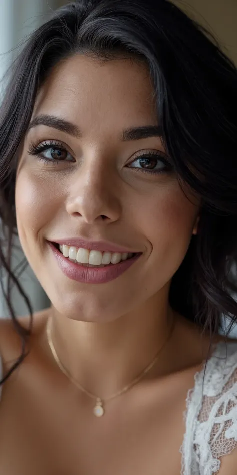 Photo époustouflante, imperfections, petit sourire, collier, regardant par-dessus les épaules, cils, détail des cheveux fins, toute la coiffure visible, yeux parfaits avec motif d'iris, lèvres sensuelles, nez, (Parfaitement net:1.3), textures réalistes, (m...