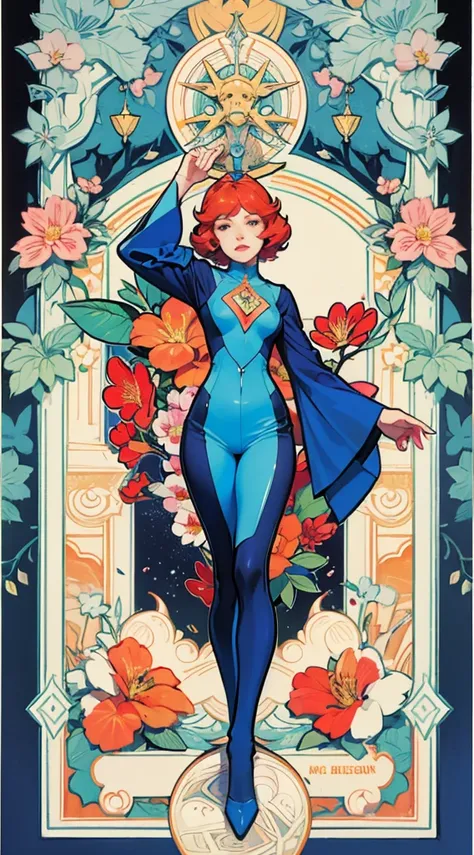 punk decorative multi-layered poster by virginia frances sterrett and (kevin wada:0.5) illustration of a redhead bodysuit boudoir woman posing (jugendstil)((peacock feathers:0.4), floral elements)(labia)(psychedelic)(art nouveau)
