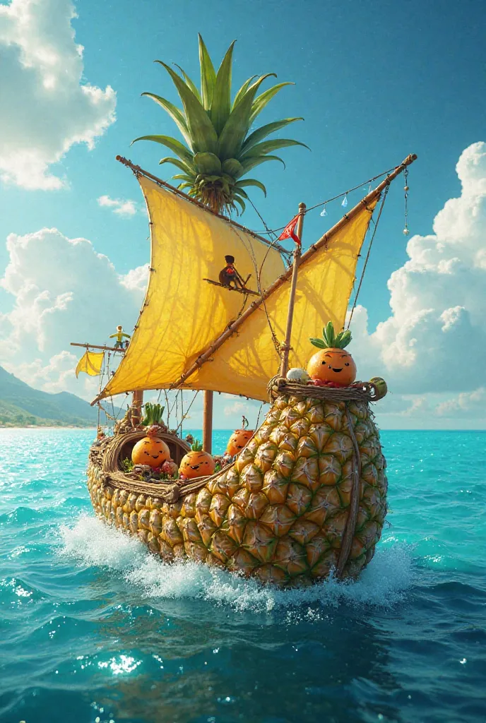 A magnificent pirate ship sailing across a sparkling ocean, crafted from hollowed-out pineapples, coconut sails, and banana ropes, with a crew of tiny fruit creatures