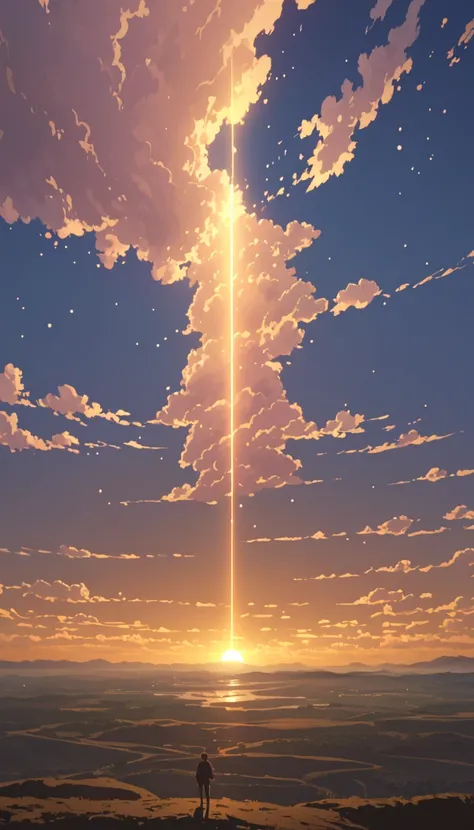 Cloudy, textured clouds anime style Alone joven   polera  minimalista! joven serca de un acantilado  contemplando el cielo expansivo lleno de nubes esponjosas, iluminadas con luz dorada  the stars
, Makoto Shinkai Cyril Roland, 4k anime art wallpaper, 4k a...