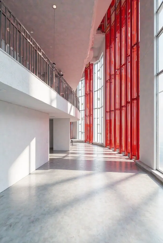 Warehouse with mezzanine walls white barred red with black stripe 