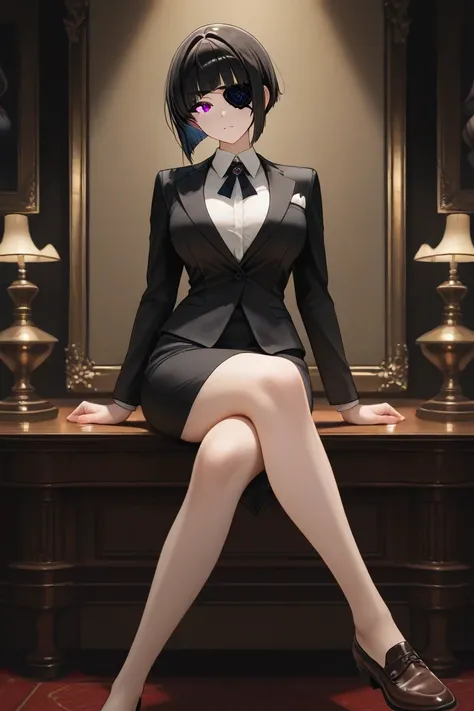 eyes dark azure, hairstyle sleek black hair with double bangs cut short, black eye patch on right eye, standard black suit jacket unbuttoned, dark brown shoes, lush breasts