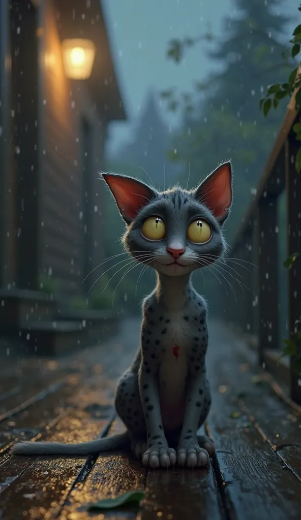 First-person view of a gray cat with black spots, wide yellow eyes, shivering with cold, shrunken thin body, Bleeding front paw,  torn ear , on a wet dark wooden porch, a green leaf fallen next to, faint pole light illuminating through the damp, Pixar Disn...