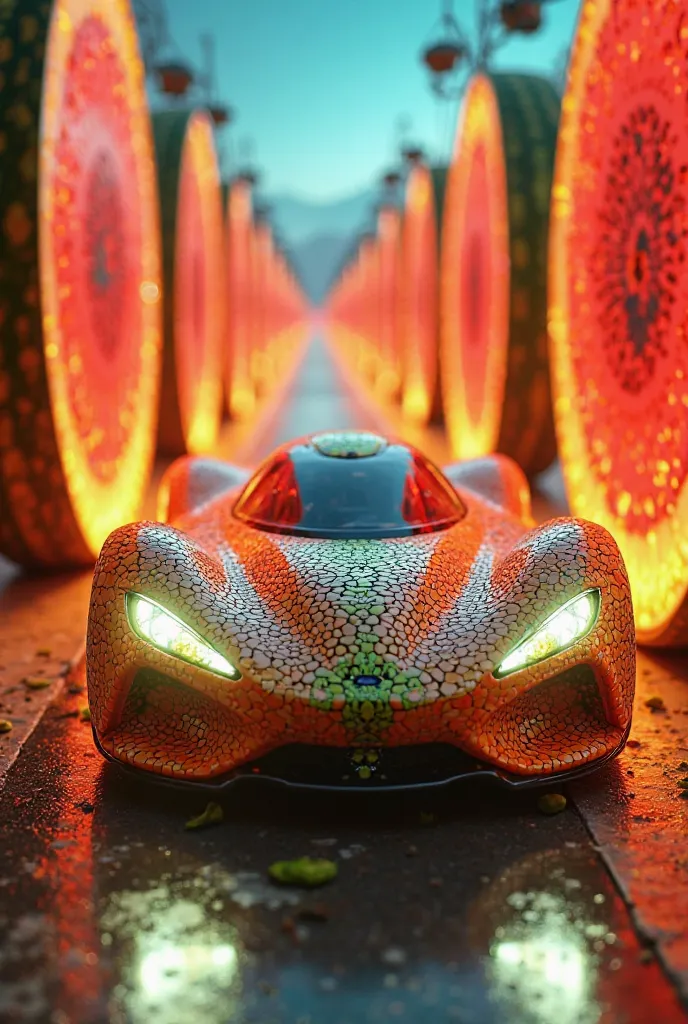 "A luxury sports car with a sleek design made of apple and orange peels, with kiwi headlights and wheels crafted from giant watermelon slices, speeding through a neon fruit highway."