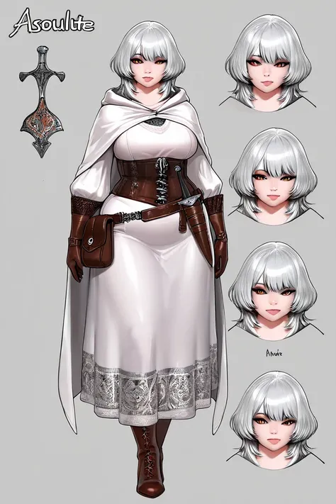 character concept art, detailed character reference sheet, ultra-detailed, highly intricate, (best qualtiy, exquisite detailing, absolute masterpiece), (Head to Toe Image)), ((Full body image)), (plus size model)), (((Light silver hair))), ((very short,wol...