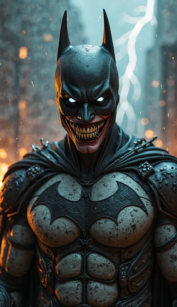 A dark and twisted portrayal of the Batman Who Laughs, a hybrid of Batman and the Joker, with a menacing and maniacal grin. His face is partially obscured by a jagged, metallic mouthguard, revealing his unnerving smile and glowing, white eyes. He wears a t...