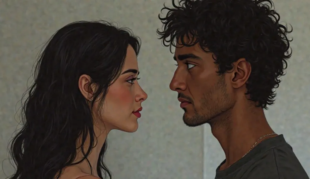 a man with dark curly hair,  tanned brown skin, light green eyes drawn into gray,  masculine features , looks at a woman with loose straight black hair, female face and dark eyes, Look back at. Both are looking at each other, sideways. being viewed in prof...