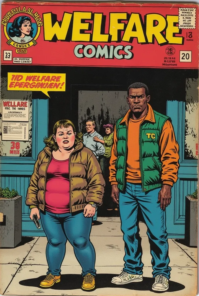 Retro comic book cover, “MUD SHARK COMICS”, a poor overweight white girl with her black gangsta boy friend, in front of welfare office, a few s behaving poorly, classic comic book font, show price and publisher logo 