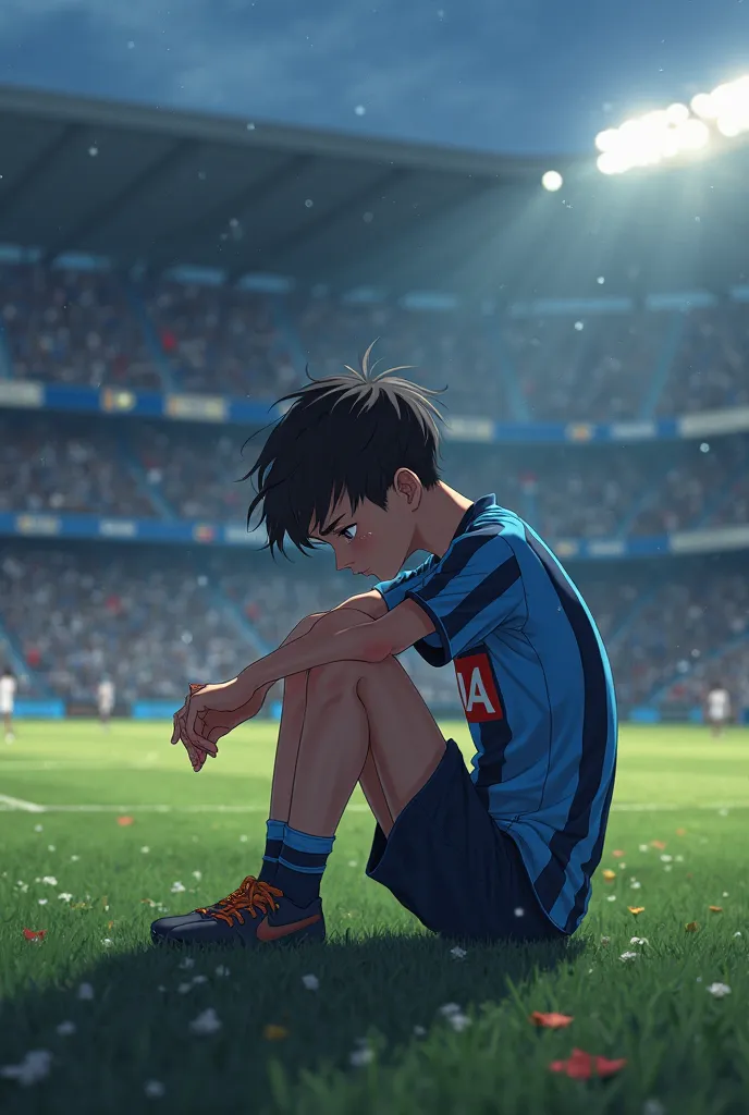 Young anime Napoli soccer player sad on the field 