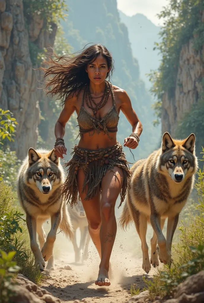 Cavewoman running with wolves