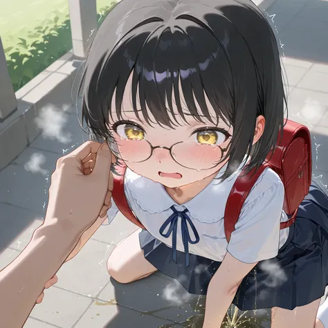 cute girl，  elementary school toddler flat chest、、 school uniform、Black Hair Short Hair、Glasses、 teary eyes in the store 、Park with lake and forest 、Bright outdoors、carry a red backpack、 slouching forward、 holds back the skirt、 Pee on All Fours 、pee steam ...