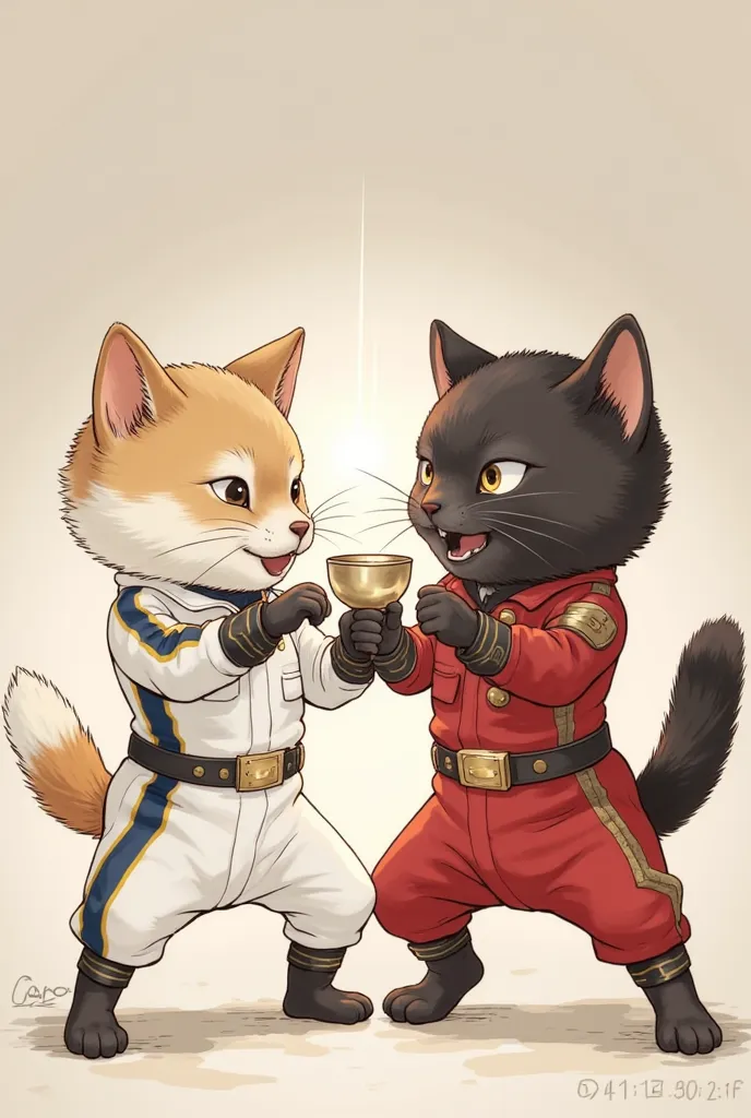 ( beautiful dog and cat fight , Shiba Inu in white combat suit ,  black cat in red combat suit),  dog cat characters , (beautiful Kemono ,  small face, Beautiful fur,   angry face ,   Mouth ), beautiful and shiny eyes,  furry characters,   is very detailed...