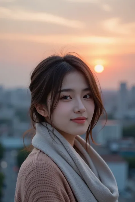 
Best Quality, 1 beautiful Japanese woman, As the sun sets, painting the sky with hues of orange and pink, a woman (captures a selfie:1.5) on a rooftop overlooking the city skyline. She’s dressed in evening casual, with a light scarf draped over her should...