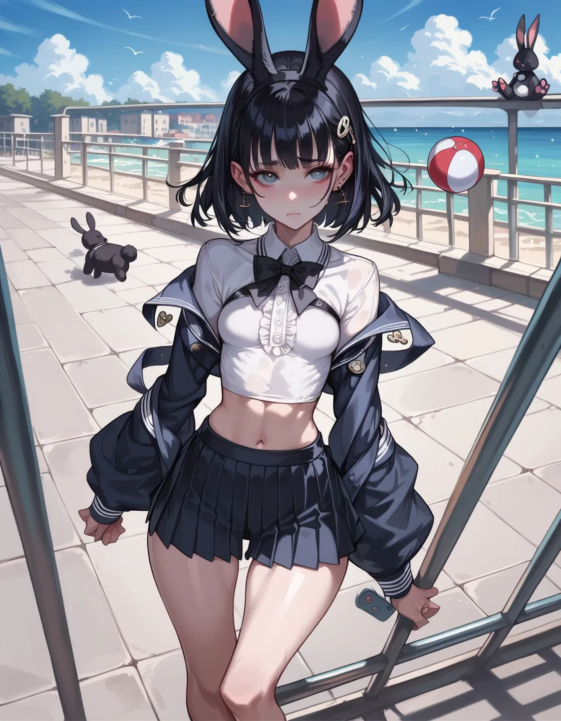 score_9, score_8_above, score_8, 1 , (small breasts),   medium hips,   medium thighs,    looking at the spectator,   white skin,  long, smooth hair, fringe, black school clothes,   black rabbit ears , Black Plush Ball Rail.