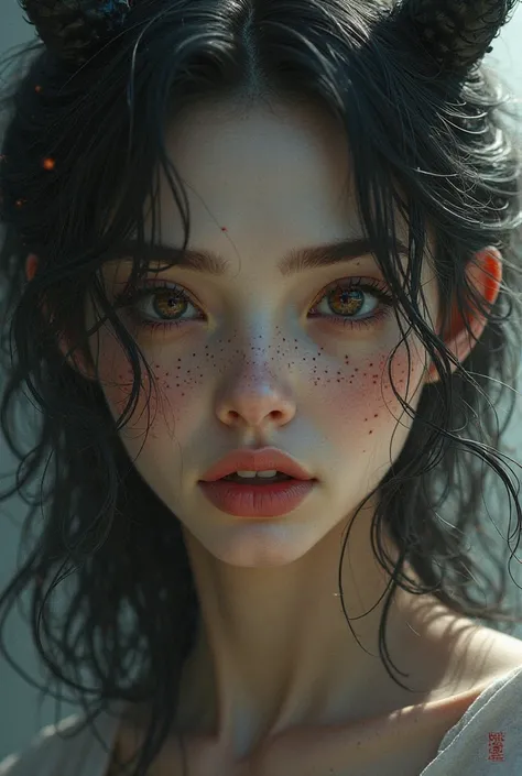 best quality,masterpiece, half body portrait of a woman demon, eyes, nose,lips,hair,freckles,(anime woman:1.3), ,symmetrical eyes, soft lighting, detailed face, concept art, digital painting, looking into camera,3d,art by artgerm