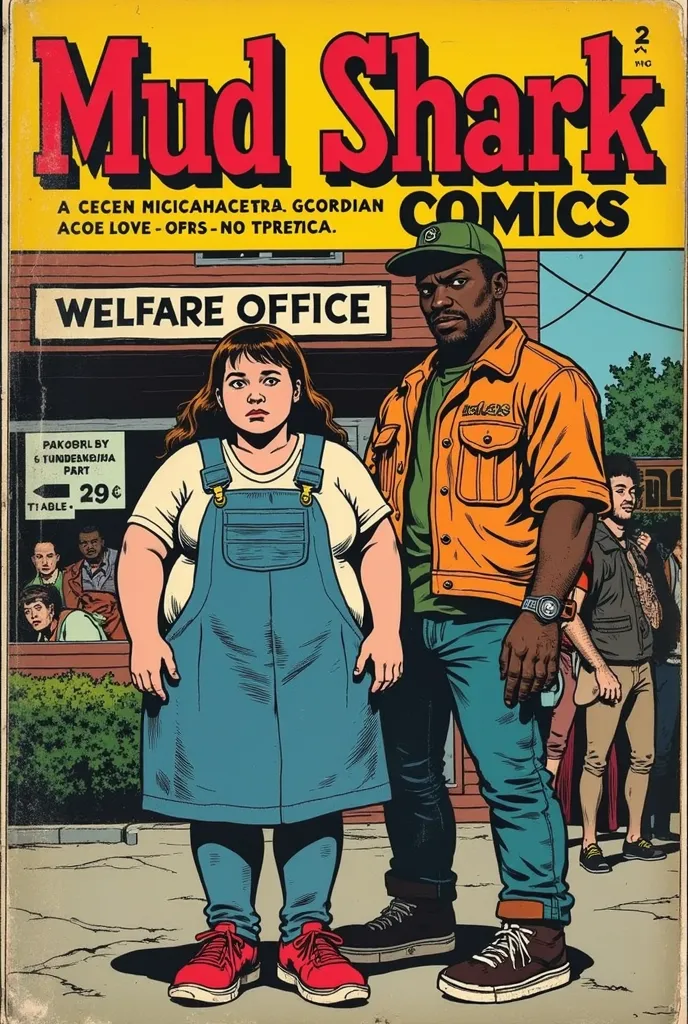 Retro comic book cover, “MUD SHARK COMICS”, a poor overweight white girl with her black gangsta boy friend, in front of welfare office, a few s behaving poorly, classic comic book font, show price and publisher logo 