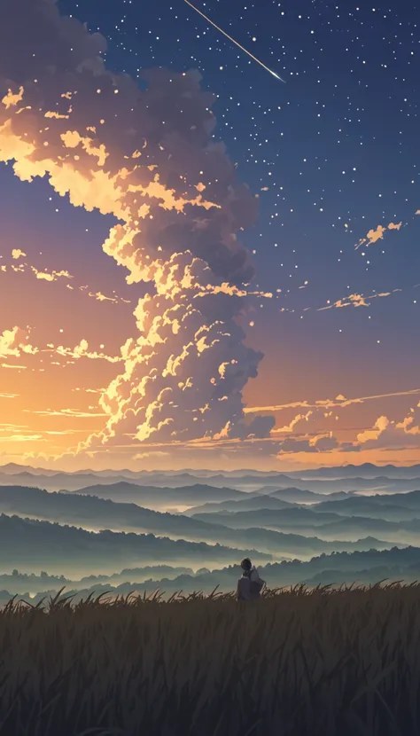 Cloudy, textured clouds anime style Alone joven   polera  minimalista! joven serca de un acantilado  contemplando el cielo expansivo lleno de nubes esponjosas, iluminadas con luz dorada  the stars
, Makoto Shinkai Cyril Roland, 4k anime art wallpaper, 4k a...