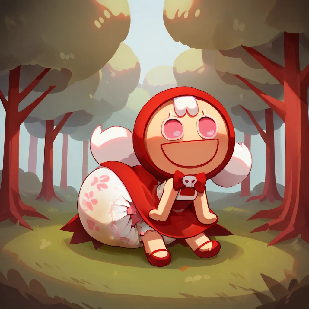 score_9_up, score_8_up, BREAK, CherryCookieRun, 1girl, solo, white hair, pink eyes, red hood, sleeveless dress, red dress, chibi, upper body, forest, smile, big hips, big diaper, messy diaper, enormous saggy bulging diaper, diaper keeps getting bigger and ...