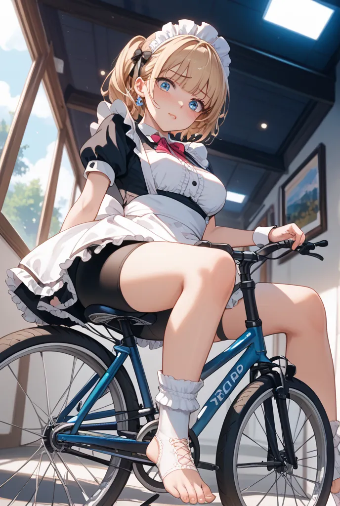 1 girl、Maid、is sitting、ruffle socks、 from below、 Ashikiri、embarrassing、bicycle shorts、 puffy lips、 toeless legwear、cross lace legwear with visible chin、masterpiece、Highest quality、 uncensored