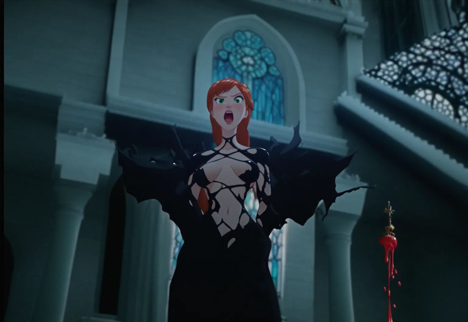 Frozen Anna angry rage ripping the red liquid latex symbiote , female, , red hair, long hair, 1girl, symbiote tendrils , cartoon , red hair, green eyes , slim body shape, sexy female body, without clothes, woman sexy, church tower background , woman scream...