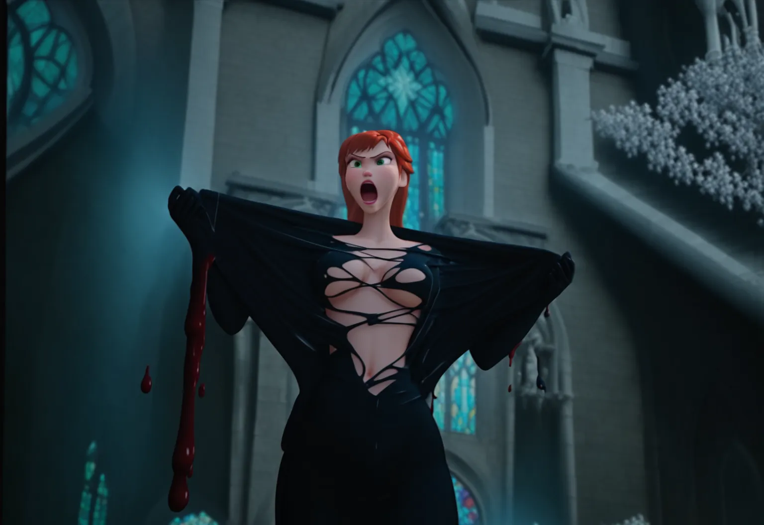 Frozen Anna angry rage ripping the red liquid latex symbiote , female, , red hair, long hair, 1girl, symbiote tendrils , cartoon , red hair, green eyes , slim body shape, sexy female body, without clothes, woman sexy, church tower background , woman scream...