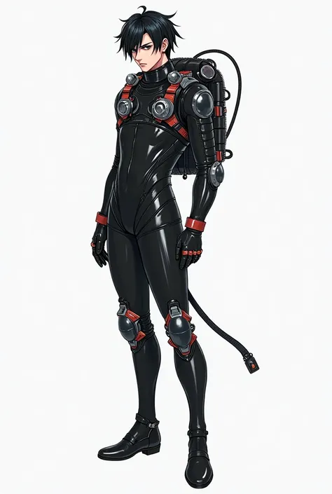 A highly detailed full-body illustration of a male character in a standing pose, designed for a visual novel. He has black hair and an eccentric aura, with an intense and mysterious expression. His outfit is a sleek, futuristic Shell Diving Drysuit, predom...