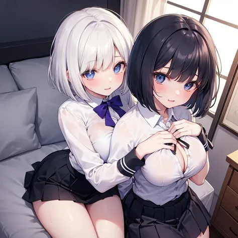 Two girls, garters, K resolution,((Best Quality)),Ultra-high resolution ,women, (Expressionless), (blue purple eyes), soft sunlight , A beautiful, symmetrical face, ( black hait bob cut), white shirt, black short skirt, school girl,Realistic:1.4,Realistic:...