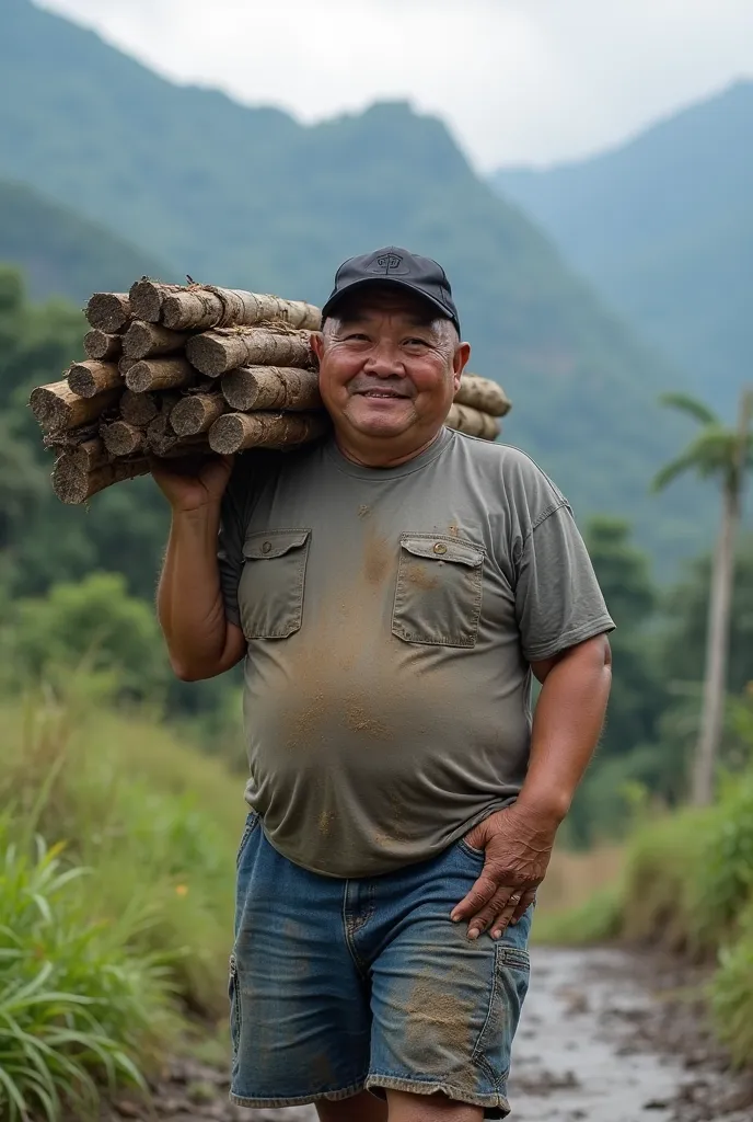 indonesian man,  40 years old ,   clean face , rather chubby , wear a black sports hat ,  old ash t-shirt ,  blue jeans shorts, thin smiley expression ,medium pelvis firewood,looks wet with mud, background , mountains ,realistic photo,full hd.