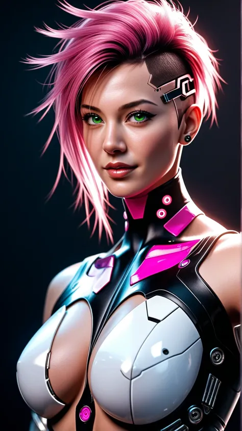  A 3D anime style woman with pink punk hair and green eyes, white and black robotic chest and robotic arms. cybernetic laboratory background. ((3/4 body image)), body looking forward