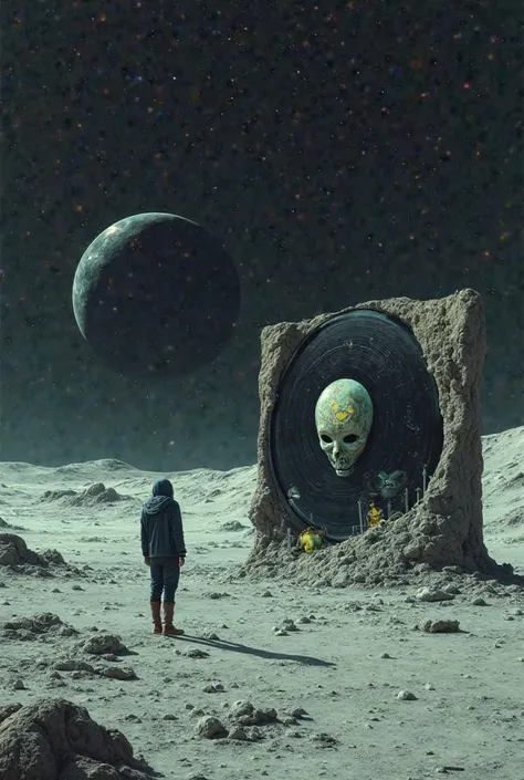 barren sterile moon with a cave in the background with some barely visible alien eggs from the alien movie, a record cover with a faceless face, synth-driven pop.