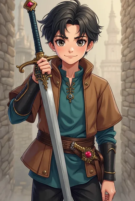 "A young prince, around , with a confident yet kind expression, dressed in medieval attire. He has slightly tousled black hair, medium length, with a few strands falling naturally over his forehead, giving him a charming yet adventurous look. His deep, exp...