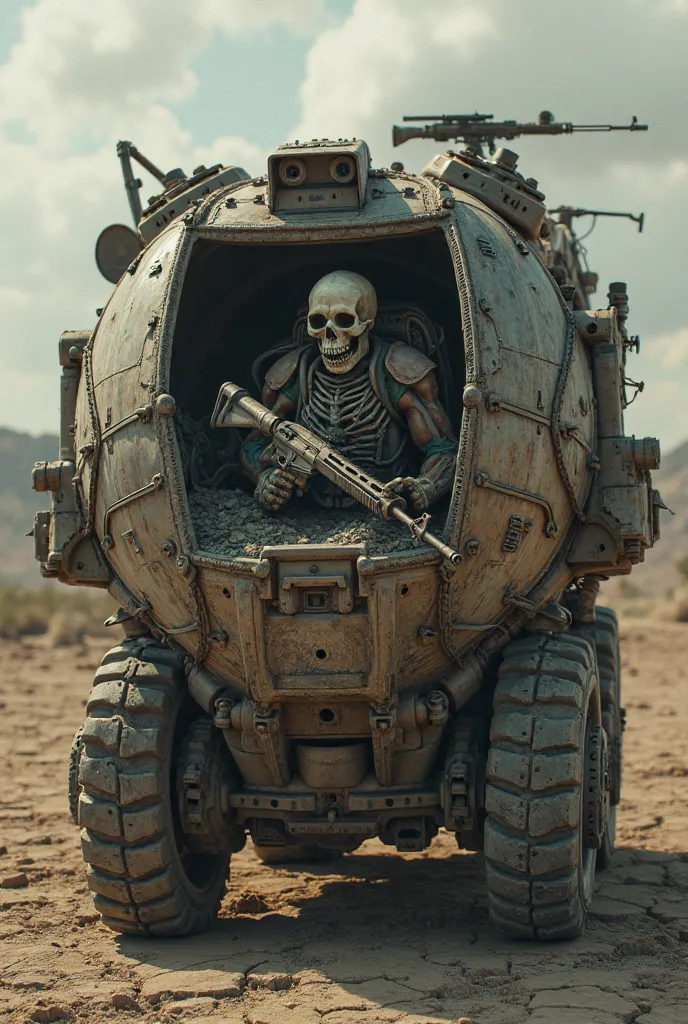 Skull inside an armored vehicle, With a rifle and a cracked earth