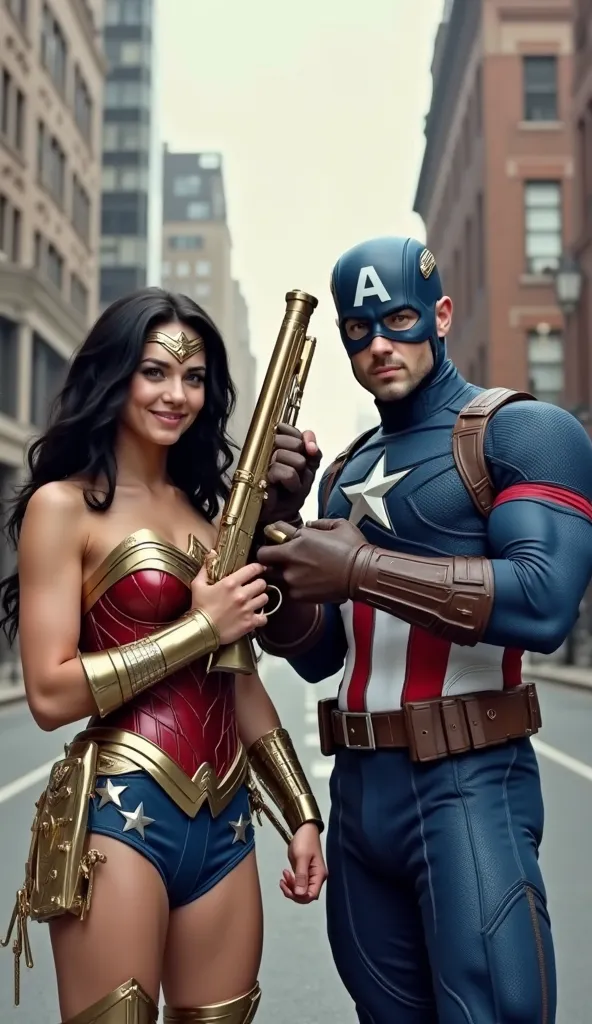 Two iconic superhero characters standing side by side on a city street. The female character on the left has black hair long and wavy of dark color and wearing red and gold armored clothing with a star emblem, resembling a wonder woman with a happy smile E...