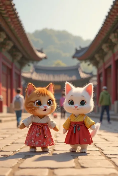 In 3d Pixar animation.
Character, Brown tabby kitten wearing Korean male hanbok. 
Character, white tabby kitten wearing Korean female hanbok.
Action, walking around exploring gyeonbbokgung palace. 
Background, gyeongbokgung palace with some tourist behind 