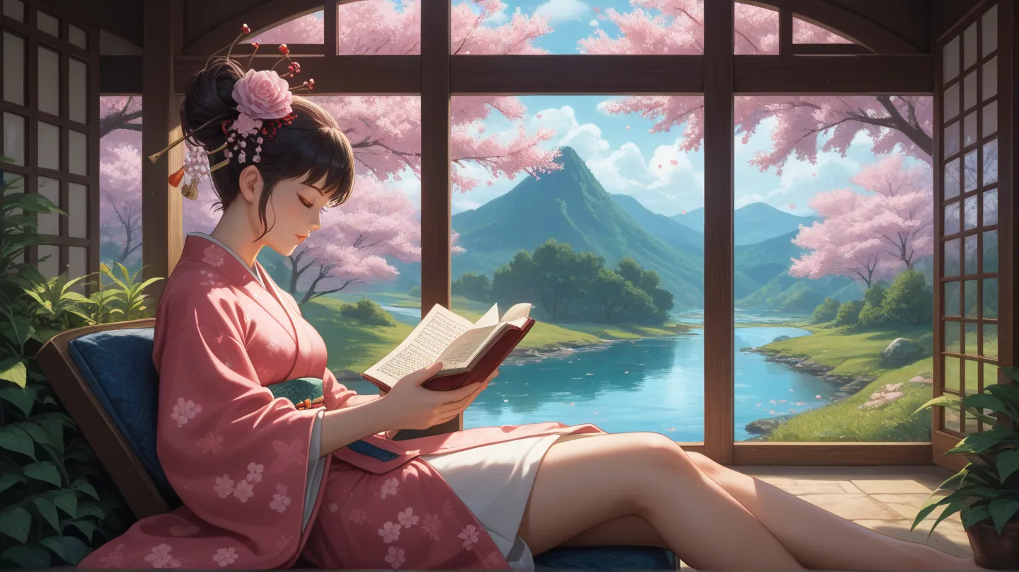 Anime waifu perched on a stone windowsill, reading a book as cherry blossom petals drift inside. She wears a flowing kimono, and a glowing magical river winds outside the window. 