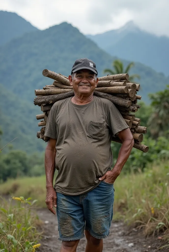 indonesian man,  40 years old ,   clean face , rather chubby , wear a black sports hat ,  old ash t-shirt ,  blue jeans shorts, thin smiley expression ,medium pelvis firewood,looks wet with mud, background , mountains ,realistic photo,full hd.