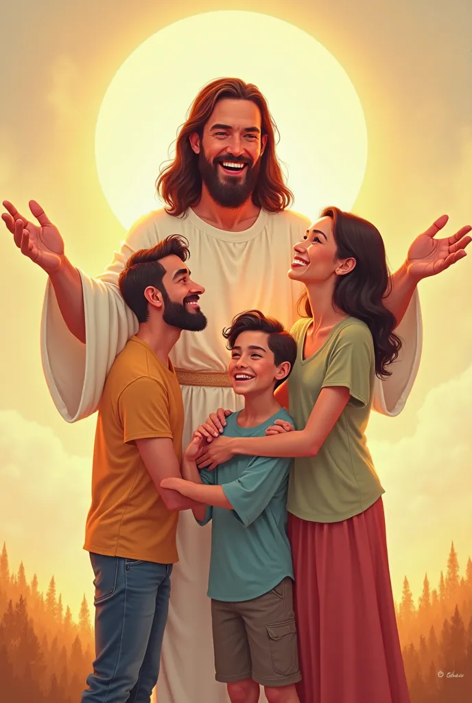 Cartoon image where a family from the 2000s formed by dad, Mom and her two young ren receive the blessing of Jesus Christ who embraces them with his spirit.