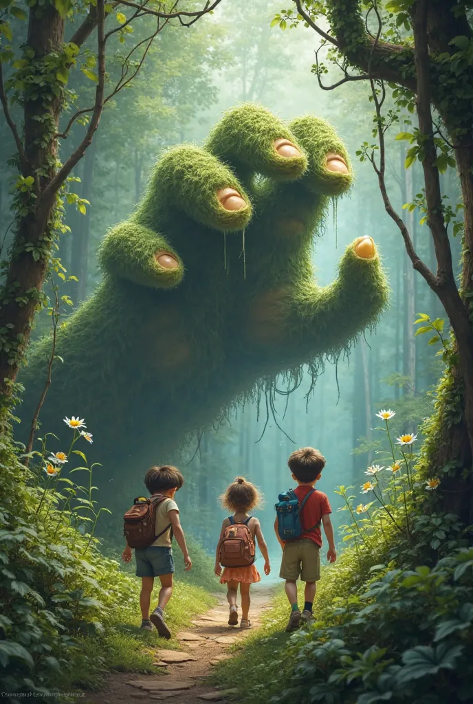 A hairy hand in a forest with two boys and a girl 