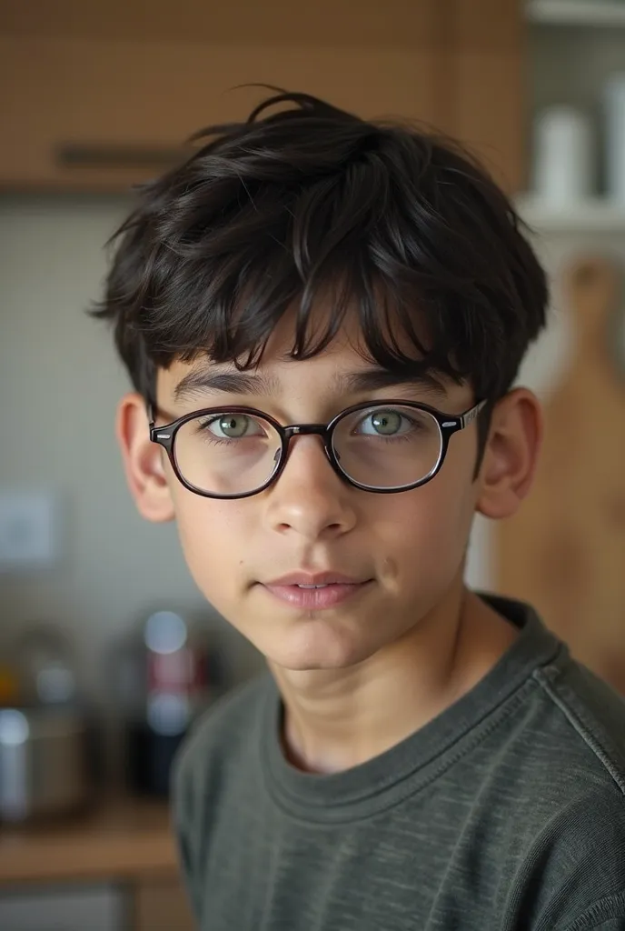 there is a young boy wearing glasses in a kitchen, an image inspired by Theo Constanté, instagram, The Nabis , boy with neutral face, Matthew 9 5, taken in the early 2020s, Riyad Cassim, With glasses on, boy has short black hair, , looking at the camera, y...