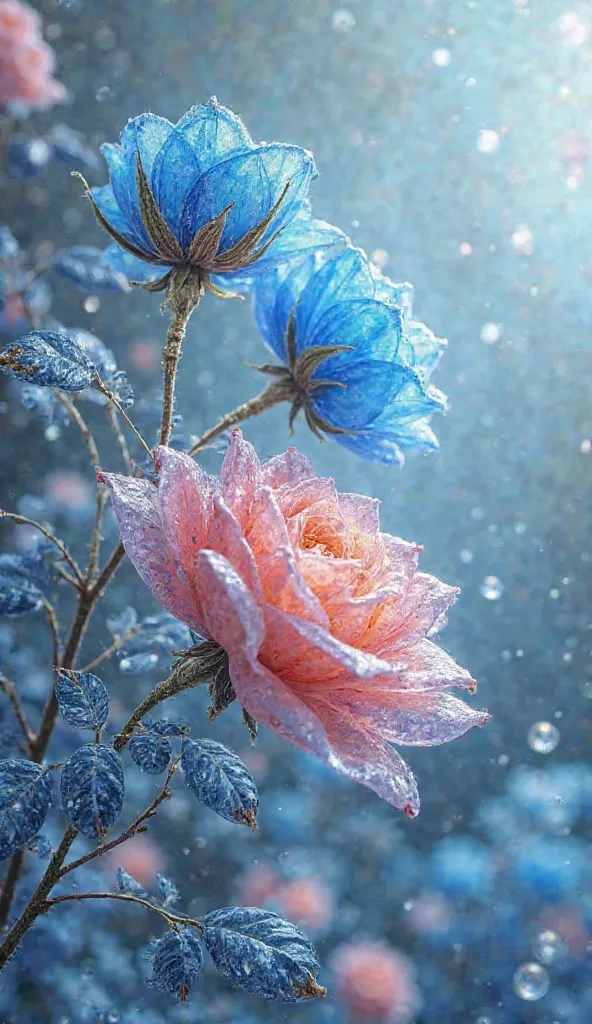 Rose fantastic space, colorful roses, main are blue glass art, glass flowers, 15 or more flowers, pearl cloth ribbons, super high resolution, pastel tones, beautiful, dazzlingly beautiful