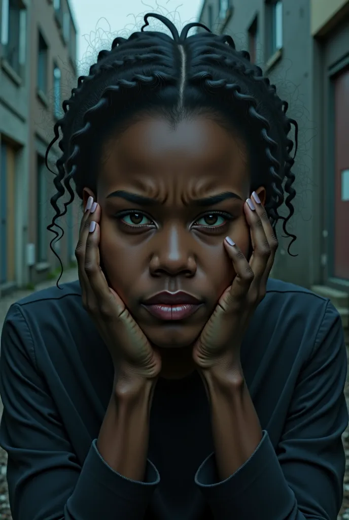 A hyper-realistic photo digital painting of a Black woman in a state of dissociation and anxiety, captured in a moment of intense emotional conflict. Her face must be based on the reference image provided, replicating her facial features, skin tone, and ex...