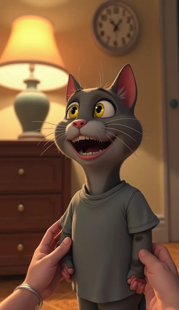 First-person view of a gray cat with black spots,  Yellow Eyes, mouth half open meowing low, bandaged leg, my hands with gray t-shirt adjusting the bandage, room with lamp on, beige wall, Parquet floor,  Clock marking midnight , Pixar Disney style.