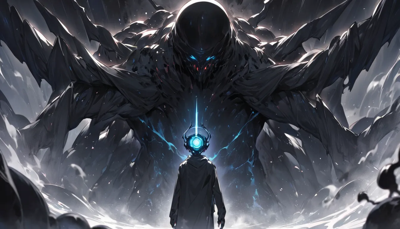 a humanoid entity, in the background, completely covered by black mist, with two arms, facing the human, in front of the entity a human person (male), with his back to the entity, small scale, in a cosmic horror scenario.