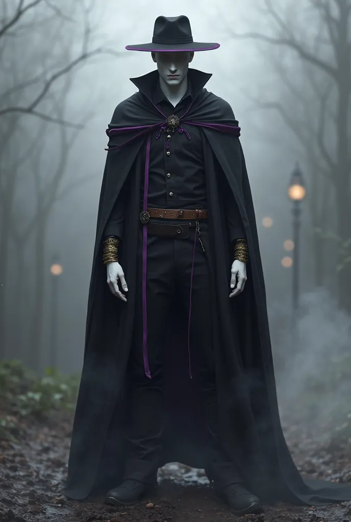 gradient seen from the front of a character whose face is non-existent, no nose, without mouth, with nothing and it's done by a black-to-white gradient( from top to bottom ), Completely white skin color like paper, with a/black open cloak with purple edges...