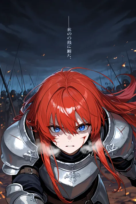  red long hair, blue eyes,wearing a bit of medieval armor,,silver armor,Clear eyes,,, dark ,,gasping for breath,bleeding,fallen,Battlefield