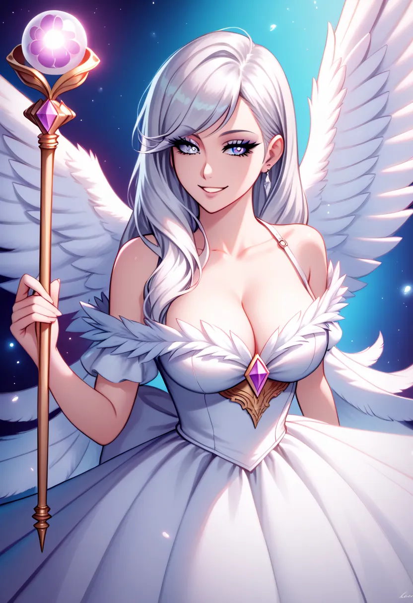 angelic perfect anime girl, elegant skin, delicate facial features, piercing emerald eyes, flowing silver hair, graceful posture, serene expression, angelic aura, ethereal beauty, 4K, hyper-realistic, masterpiece, ultra-detailed, dramatic lighting, heavenl...