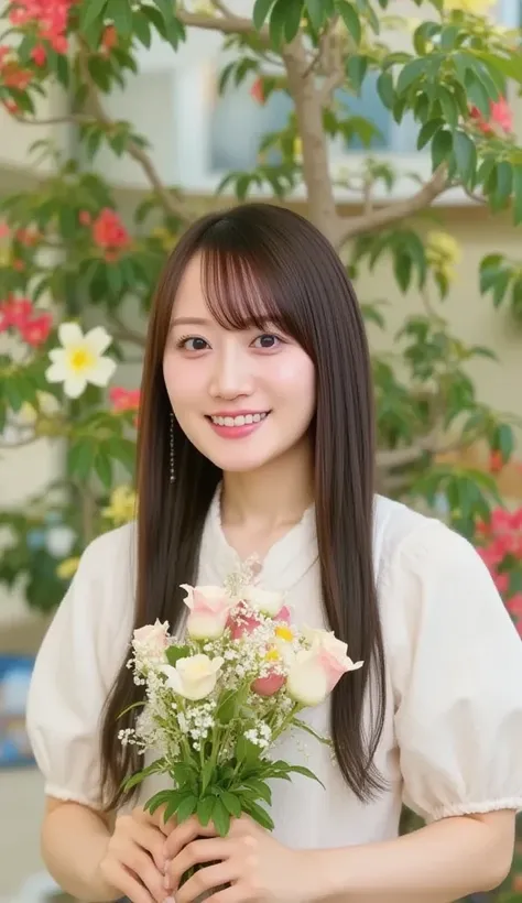 "A young woman working at a flower shop in Japan, wearing a light-colored apron and holding a beautiful bouquet of flowers. She is smiling warmly and looking directly at the camera. The shop background is filled with colorful flowers and greenery, creating...