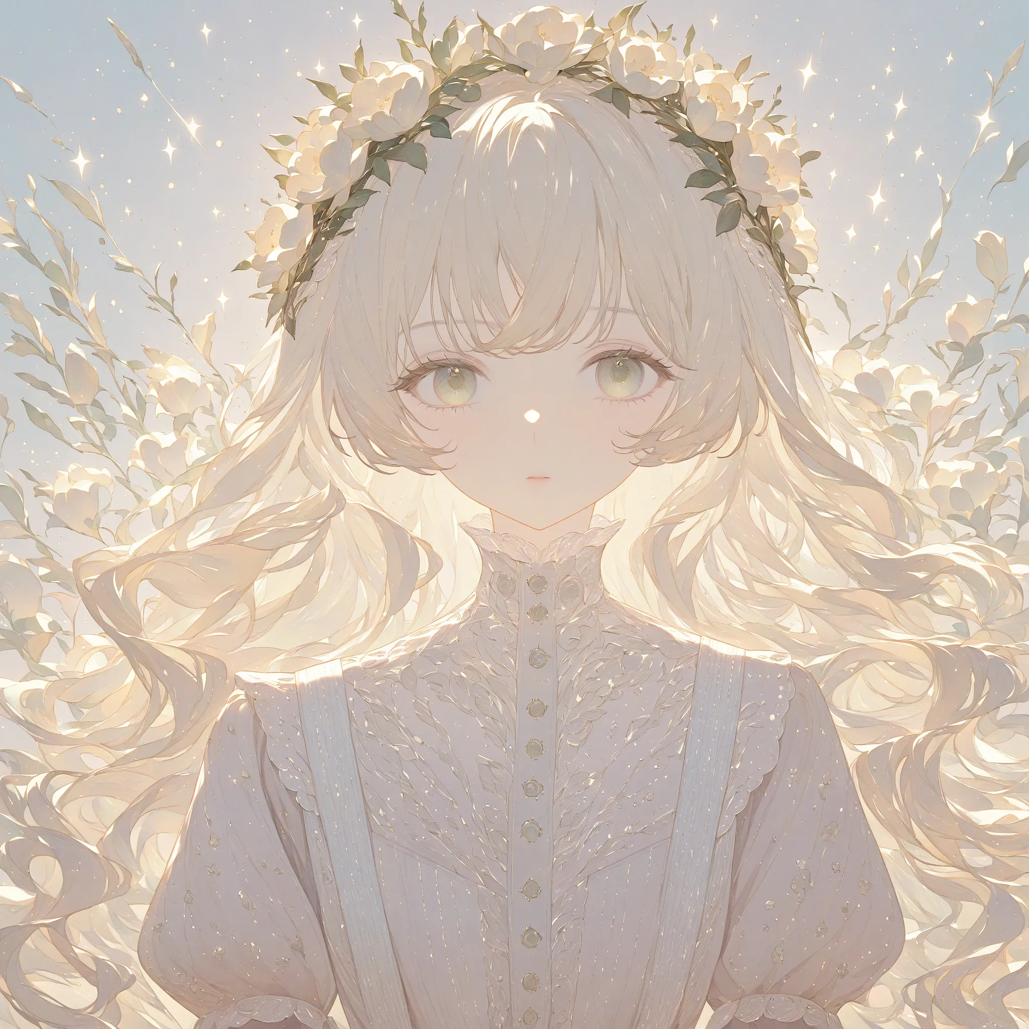 "A delicate anime-style girl with short, wavy platinum blonde hair, adorned with a floral headpiece featuring yellow and white flowers with green leaves. She has soft golden-hazel eyes with a gentle and slightly melancholic expression. Her fair skin is lig...