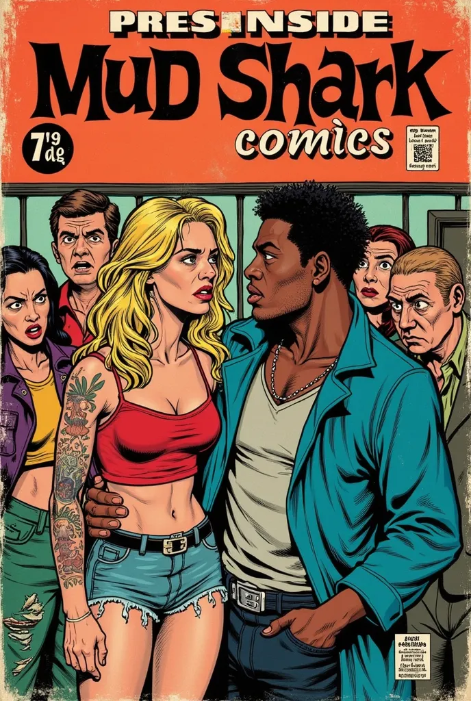 Retro comic book cover, “MUD SHARK COMICS”, a poor skinny white girl, tattoos nose rings,  with her rapper black boy friend, in front of her shocked white larents, a few s behaving poorly, classic comic book font, show price and publisher logo 