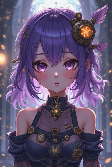 A Steampunk anime-type girl looking straight ahead with a purple night